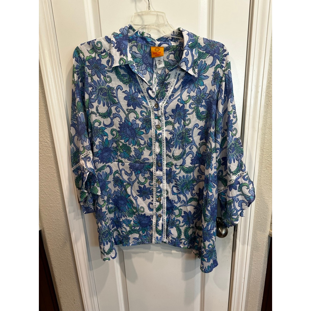 Ruby Rd. Blouse 3X Blue Green Floral EUC